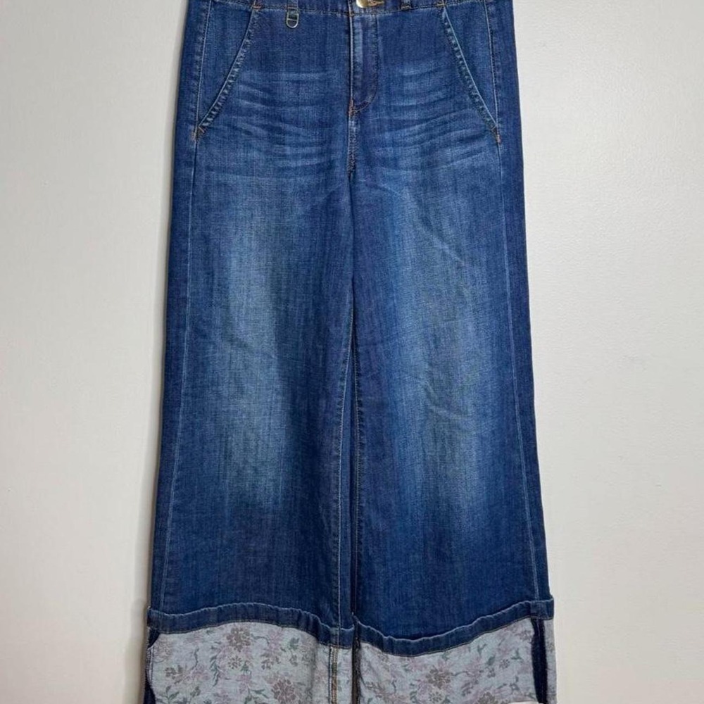 Maeve Anthropologie Floral Print Cuffed Jeans Women's Blue Denim Wide Leg S27
